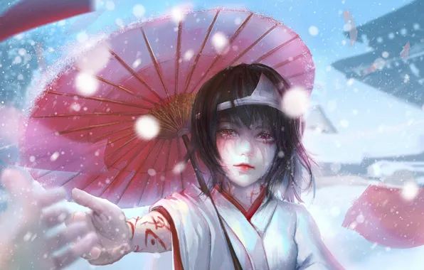 Snow, tears, kimono, red umbrella, stretched out his right hand, A Homeless God, Noragami, youkai