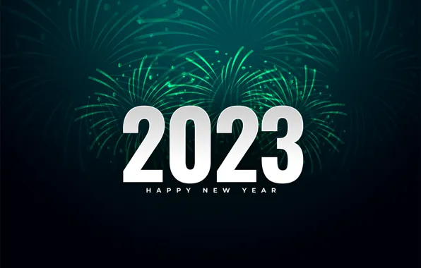 Salute, figures, New year, fireworks, green background, date, 2023, New Year 2023