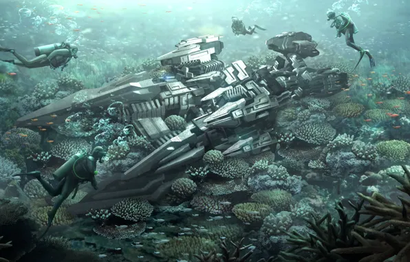 Sea, the bottom, corals, the diver, aliens, reef, spaceship, diver