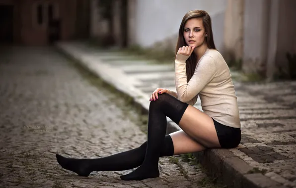 Look, sexy, pose, model, skirt, portrait, stockings, makeup