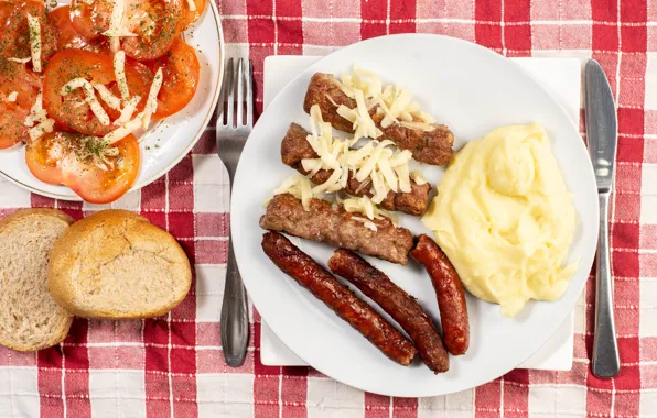 Picture photo, Plate, Tomatoes, Food, Main dishes, Sausage, Meat products, Bread