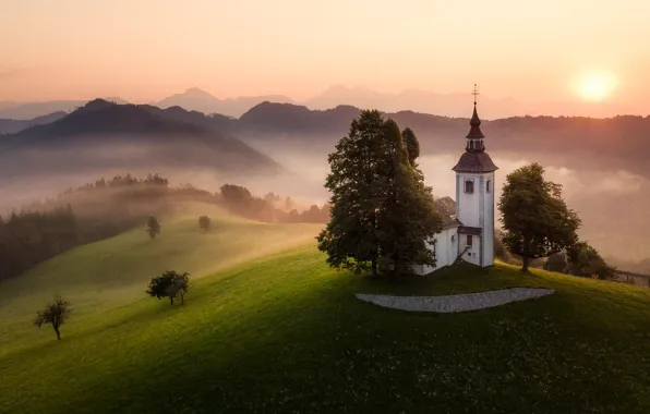 Picture trees, mountains, fog, sunrise, dawn, morning, hill, Church
