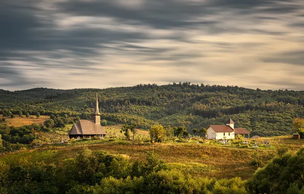Field, forest, the sky, clouds, mountains, hills, dal, village