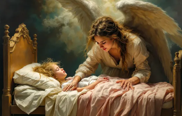 Look, girl, clouds, pose, bed, child, wings, angel