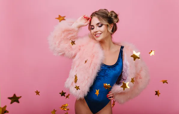 Wallpaper women, pink jacket, one-piece swimsuit, pink background, blue swimsuit, closed eyes, brunette, smiling