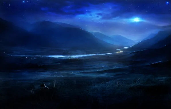Picture stars, night, nature, river, hills, the moon, art