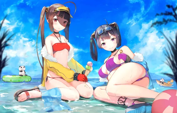 Water, Sea, Beach, Girls, Panda, Art, Azur Lane