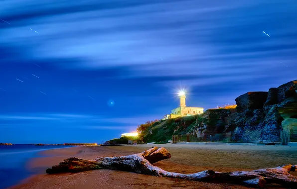 Sand, sea, rays, light, shore, coast, lighthouse, the evening