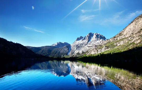 The sky, the sun, landscape, mountains, lake, reflection, blue, dazzling