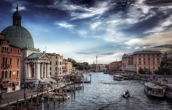 Picture the sky, clouds, the city, building, boats, Italy, Venice, channel