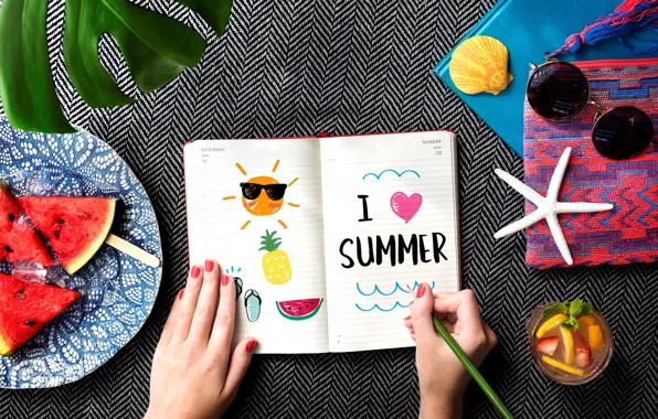 Summer, the inscription, watermelon, glasses, drawings, Notepad, drink