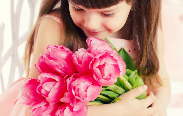 Girl, flowers, face, child, tulips