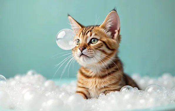 Cat, look, foam, pose, kitty, bathing, bubbles, bath