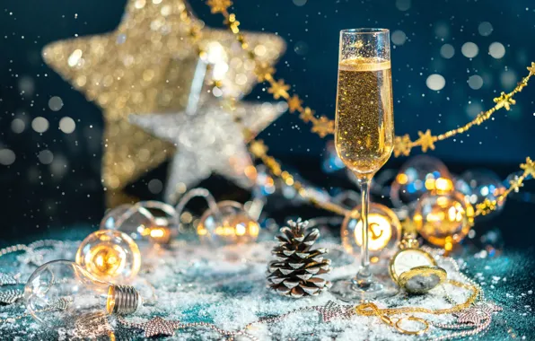 Winter, stars, balls, light, snow, lights, holiday, wine