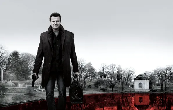 Gun, cemetery, black and white, bag, Liam Neeson, Liam Neeson, A walk among the tombstones, …