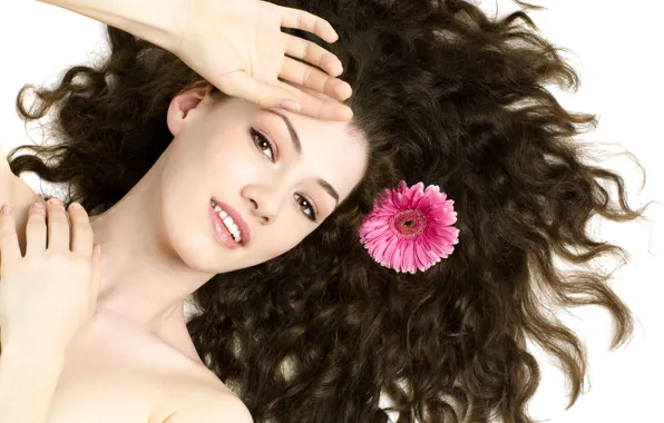 Picture look, flowers, makeup, hairstyle, white background, brown hair, beauty, gerbera