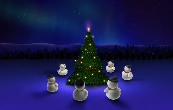 Picture night, blue, tree, new year, snowmen