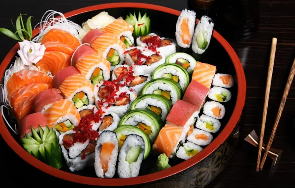Sticks, bowl, black background, a lot, sushi, rolls, submission, Asian cuisine