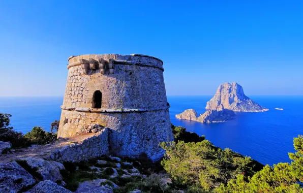 Picture sea, the sky, Islands, rock, stones, blue, tower, horizon