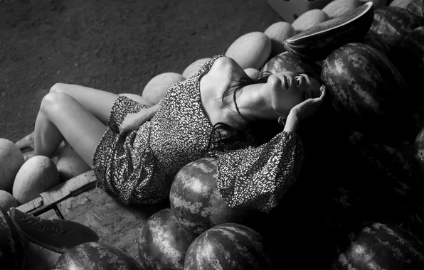 Feet, model, black and white, dress, monochrome, watermelons, Vadim Aksenov