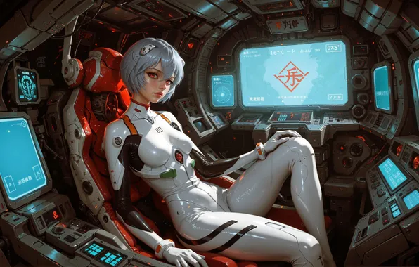 Devices, pilot, display, white hair, screen, beautiful girl, starship, digital art