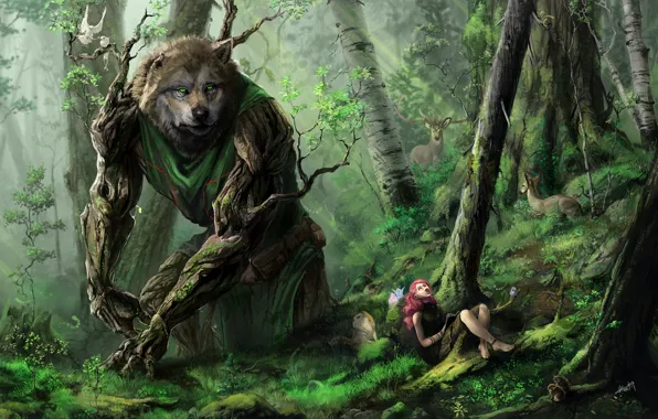 Picture forest, girl, trees, animals, wolf, art