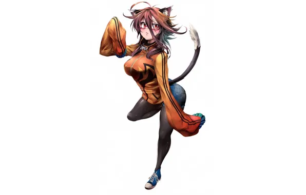 Picture look, girl, background, glasses, jacket, tail, neko, ears