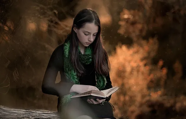 Forest, girl, book, bokeh