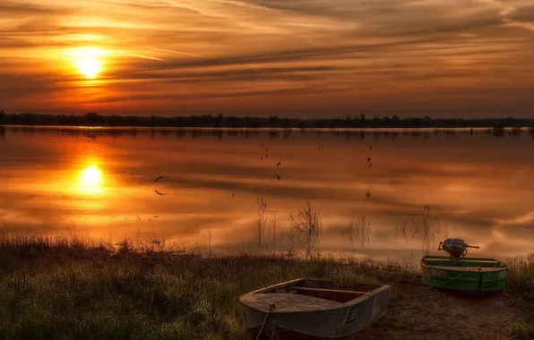 Picture landscape, sunset, river, boats
