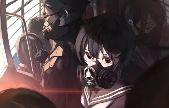 Girl, people, bus, schoolgirl, respirator