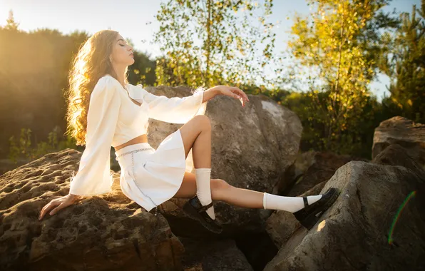 Girl, the sun, trees, nature, pose, stones, model, skirt