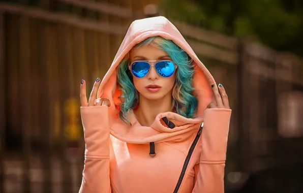 Women, sunglasses, portrait, painted nails, depth of field, Ekaterina Enokaeva, dyed hair