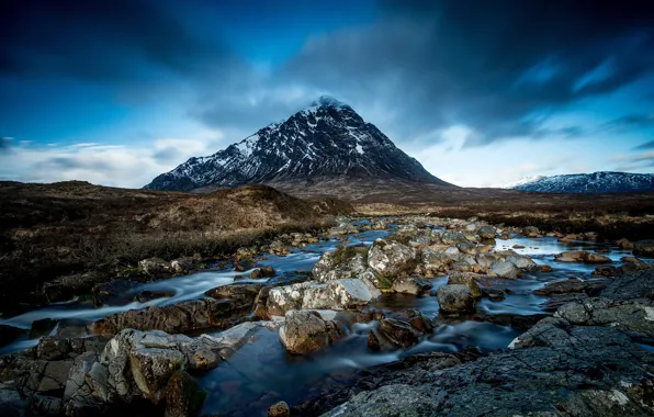 Picture mountains, stream, stones, Scotland