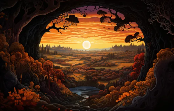Autumn, forest, the sun, trees, landscape, sunset, mountains, branches