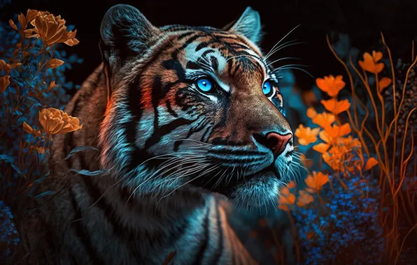 Look, face, flowers, night, tiger, the dark background, portrait, AI art