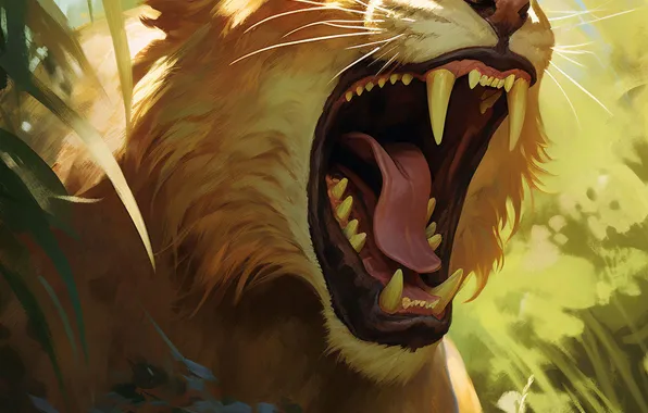 Lioness, Mouth, Fangs, Face, Digital art, Big cat, Grin, Predator