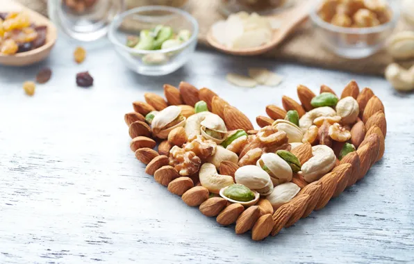 Heart, nuts, almonds, pistachios