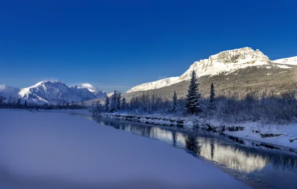Winter, snow, mountains, river, Montana, Glacier National Park, Rocky mountains, Montana