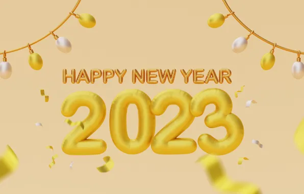 Rendering, yellow, figures, New year, garland, light bulb, date, confetti