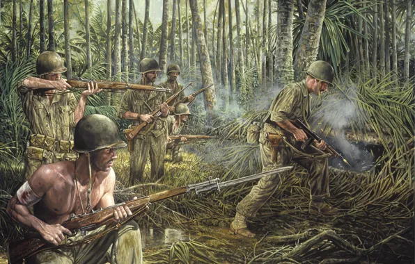 Picture grass, weapons, war, smoke, jungle, soldiers, war