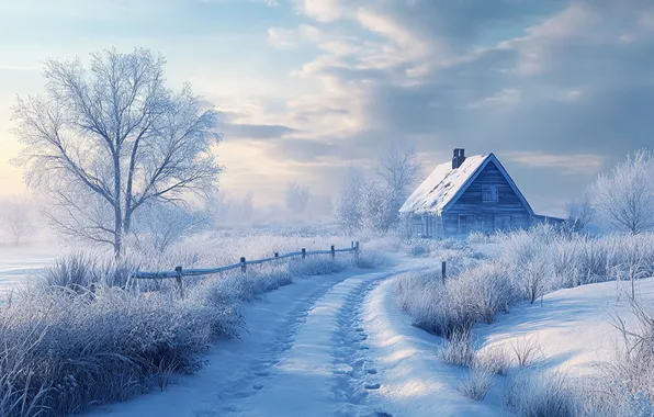 Winter, frost, road, field, the sky, grass, clouds, light