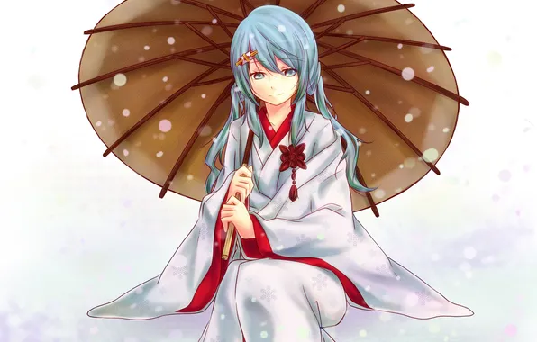 Winter, girl, snow, snowflakes, umbrella, art, kimono, vocaloid