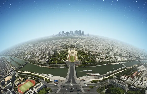 The sky, bridge, river, skyscrapers, fisheye, FishEye