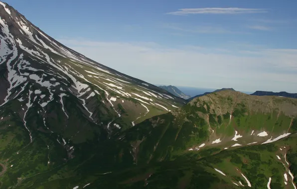 The sky, grass, snow, mountains, photo, slope, Kamchatka