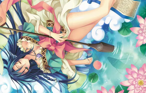 Water, girl, flowers, fish, dress, bow, scroll, water lilies