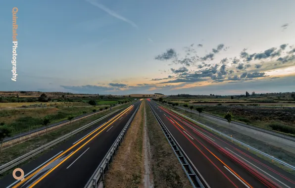 Road, lights, track, the evening, excerpt, autobahn