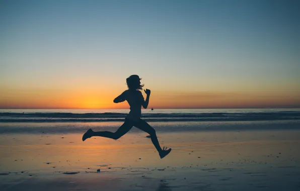SEA, HORIZON, SAND, RUNNING, SHORE, SPORT, DAWN, SILHOUETTE