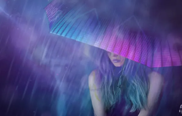 Girl, Night, Figure, Umbrella, Art, Art, Rain, Concept Art