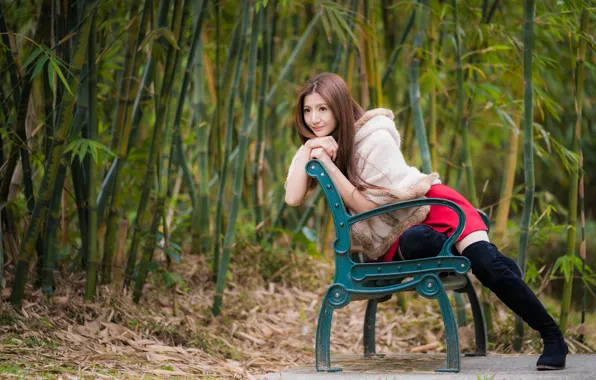 Picture girl, sweetheart, boots, dress, Asian, sitting, bench, coat