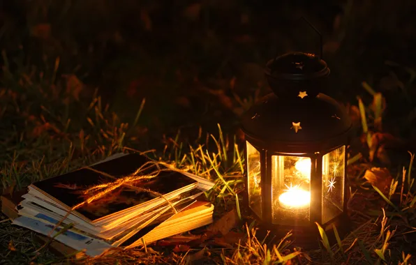 Grass, leaves, candle, flashlight, lantern, letters, cards, Ikea